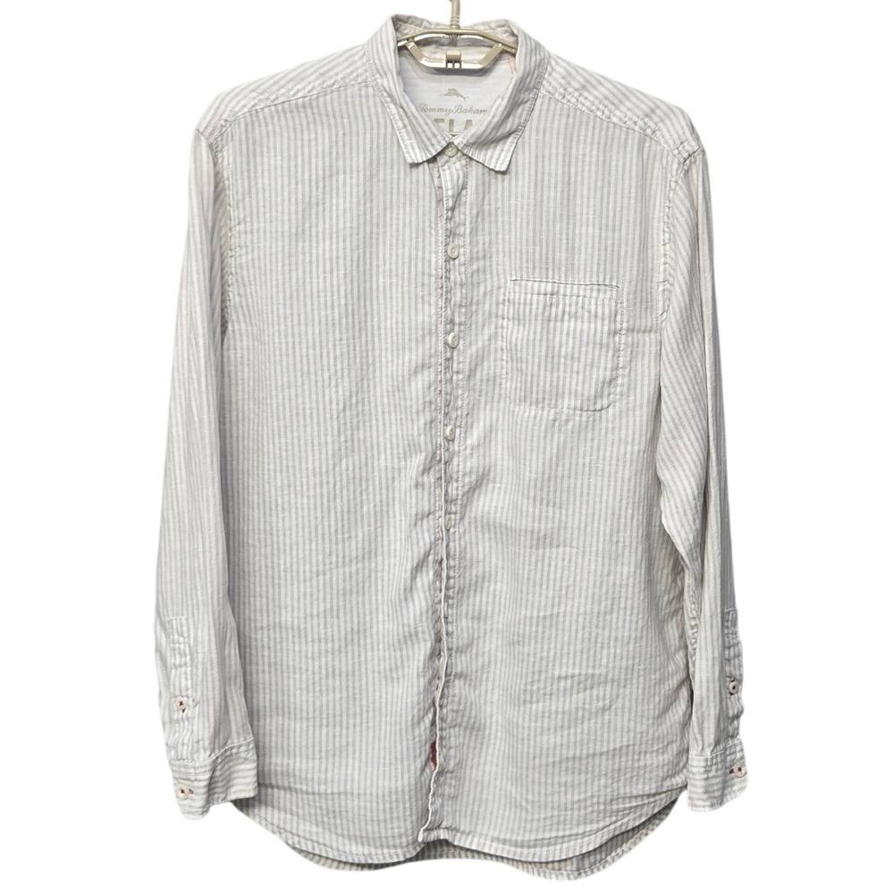 Tommy Bahama Relax Linen Casual Button Up Shirt Large Striped Coastal Papi Chulo